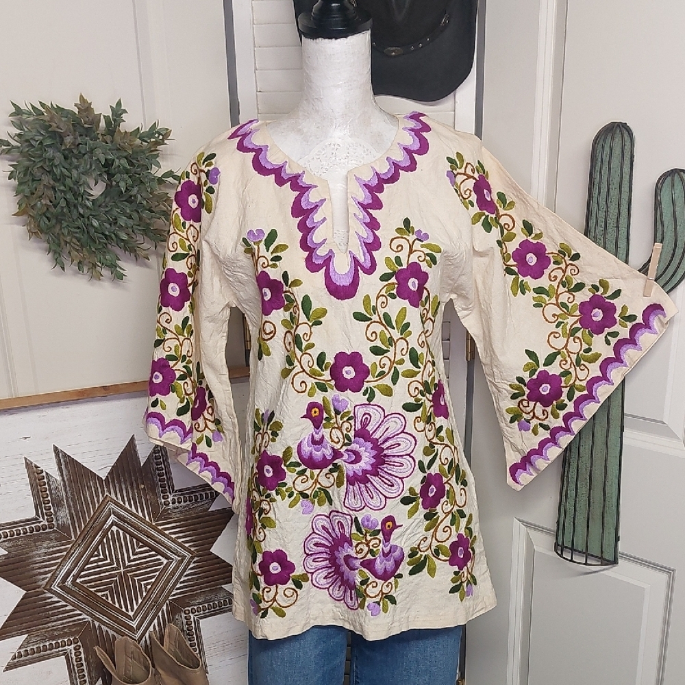 Vintage 70s Peacock Tunic, Purple, Angel Wing, Hippie, Boho - Picture 9 of 16